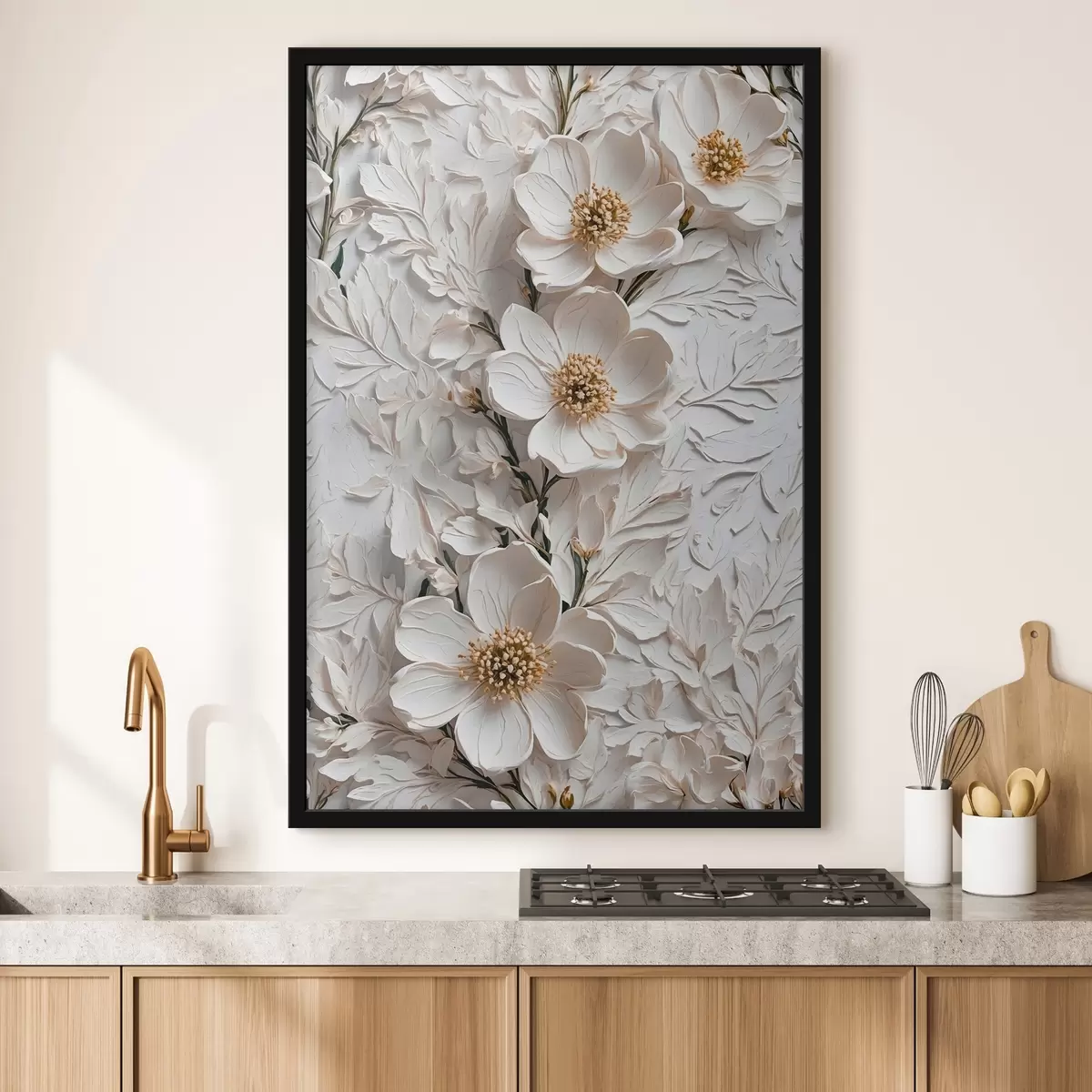 Poster Witte bloemen en stengels in olieverfstijl f42546