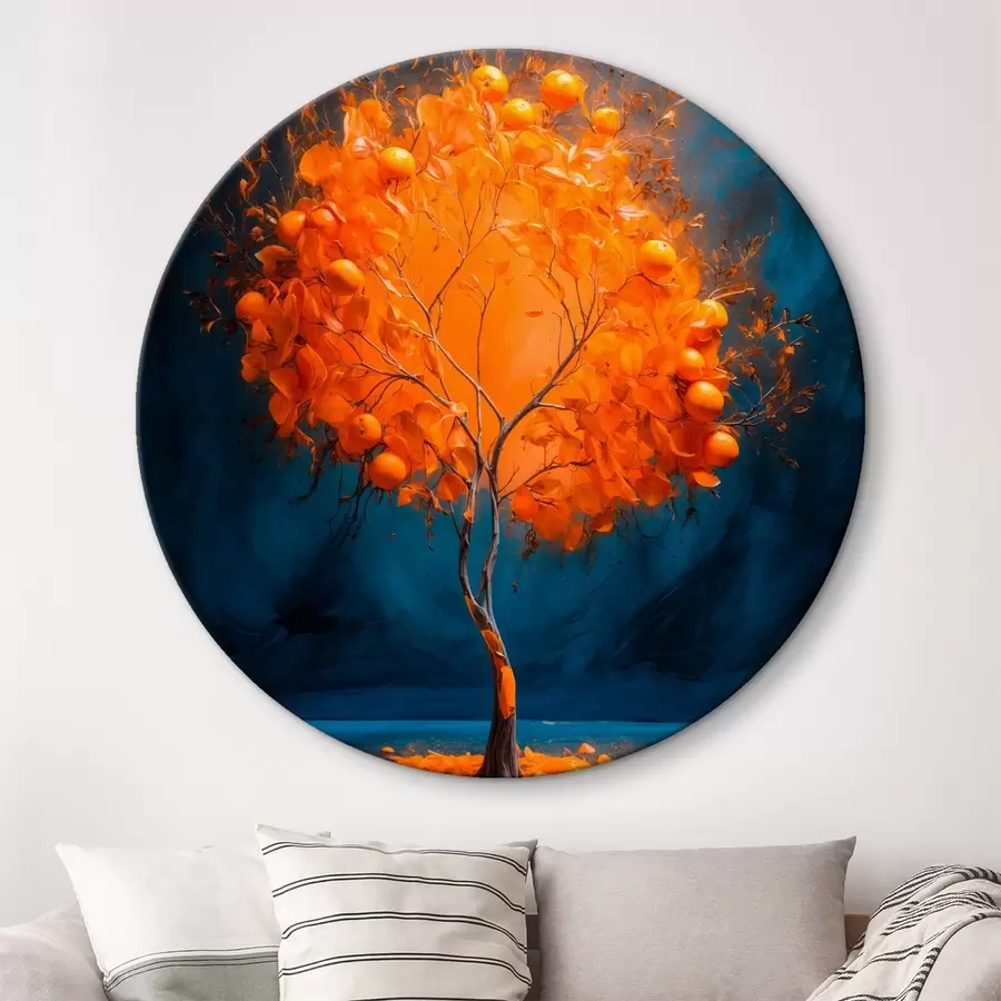  Schilderijen Oranje boom op blauwe achtergrond in acrylschilderstijl r42525