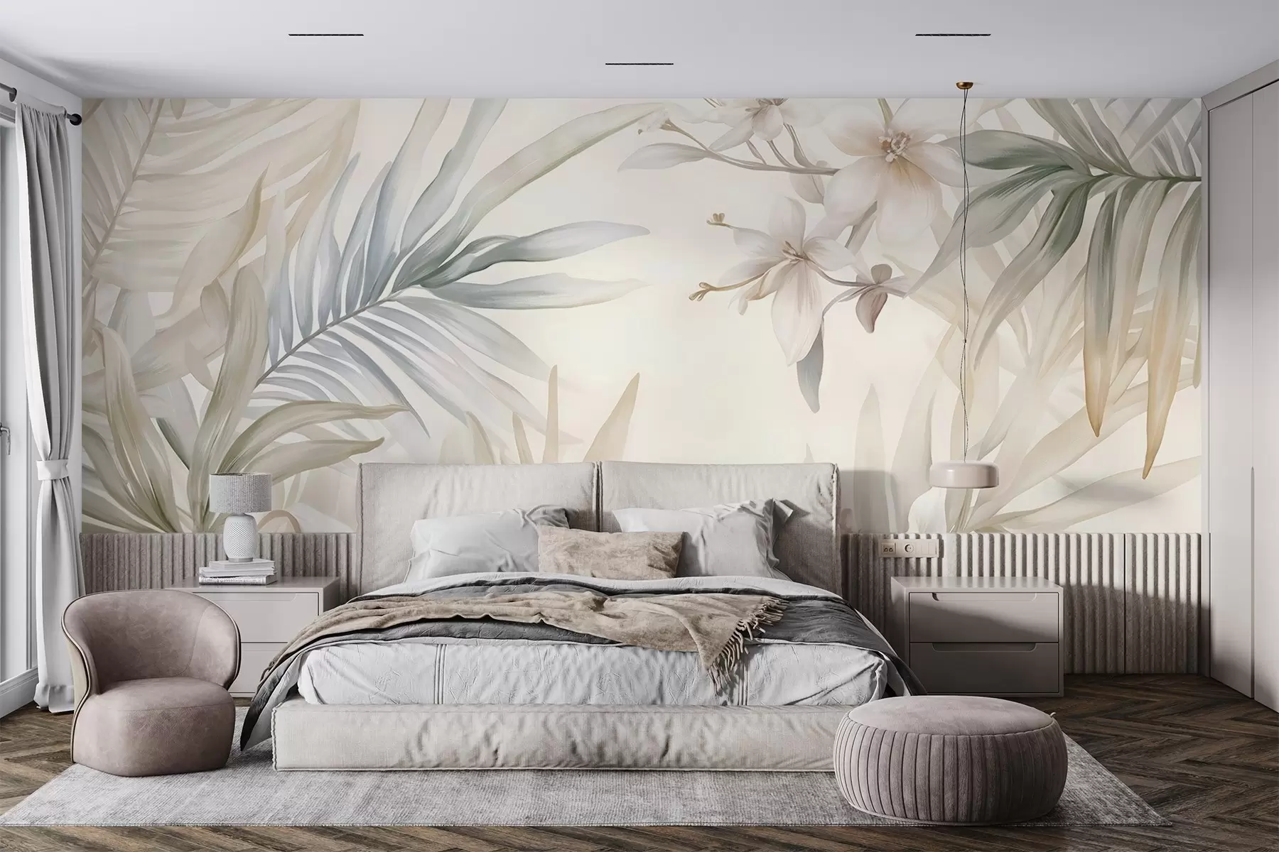 Fotobehang Pastelkleurige tropische bladeren en bloemen, met lichtgroen, crèmekleurig en subtiel roze w08660