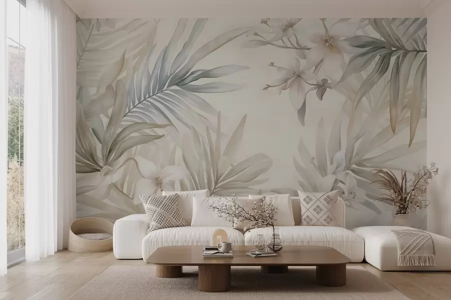 Fotobehang Pastelkleurige tropische bladeren en bloemen, met lichtgroen, crèmekleurig en subtiel roze w08660