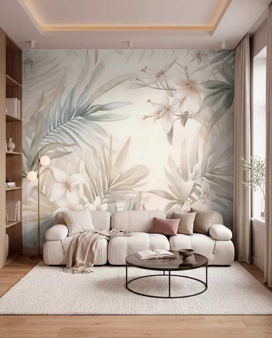Fotobehang Pastelkleurige tropische bladeren en bloemen, met lichtgroen, crèmekleurig en subtiel roze w08660