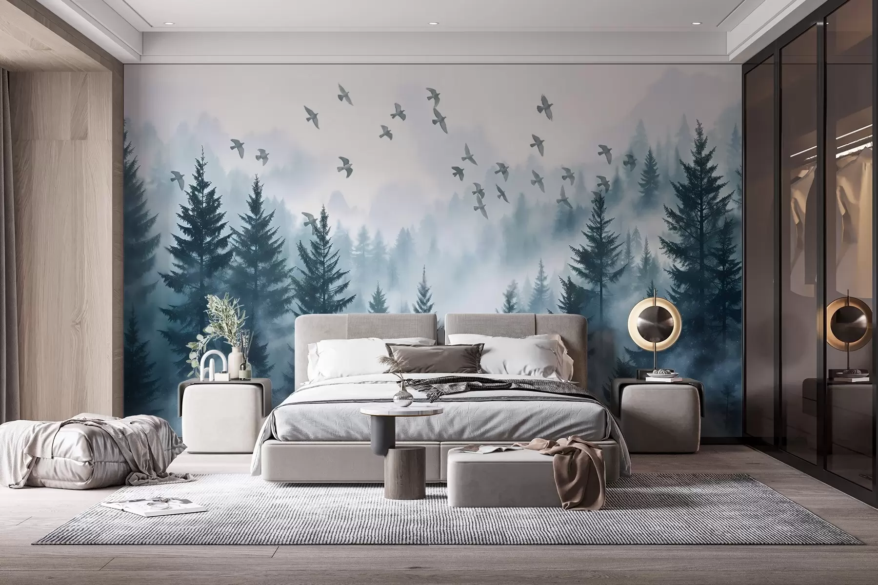 Fotobehang Rustig mistig bos met bomen in blauwe tinten en een zwerm vogels vliegt in de lucht w08664