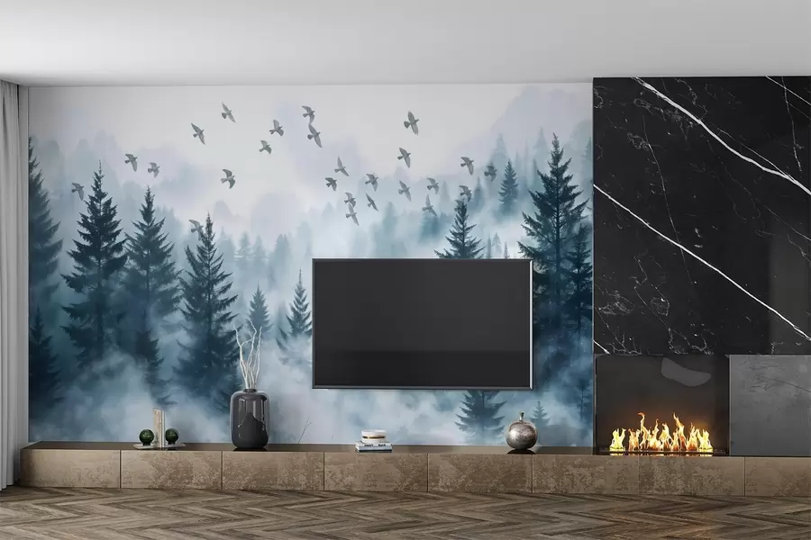 Fotobehang Rustig mistig bos met bomen in blauwe tinten en een zwerm vogels vliegt in de lucht w08664