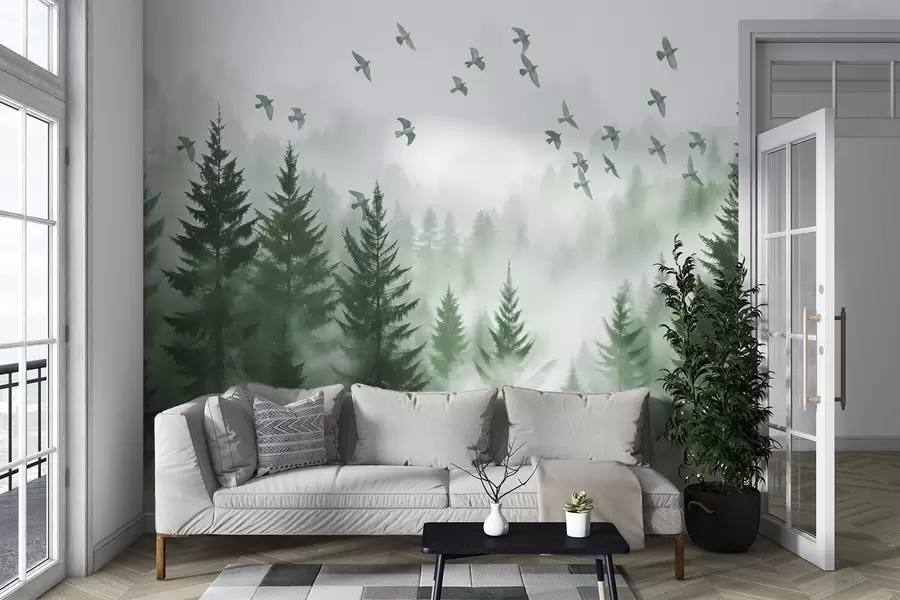 Fotobehang Rustig mistig bos met bomen in groentinten en een zwerm vogels vliegt in de lucht w08664v1