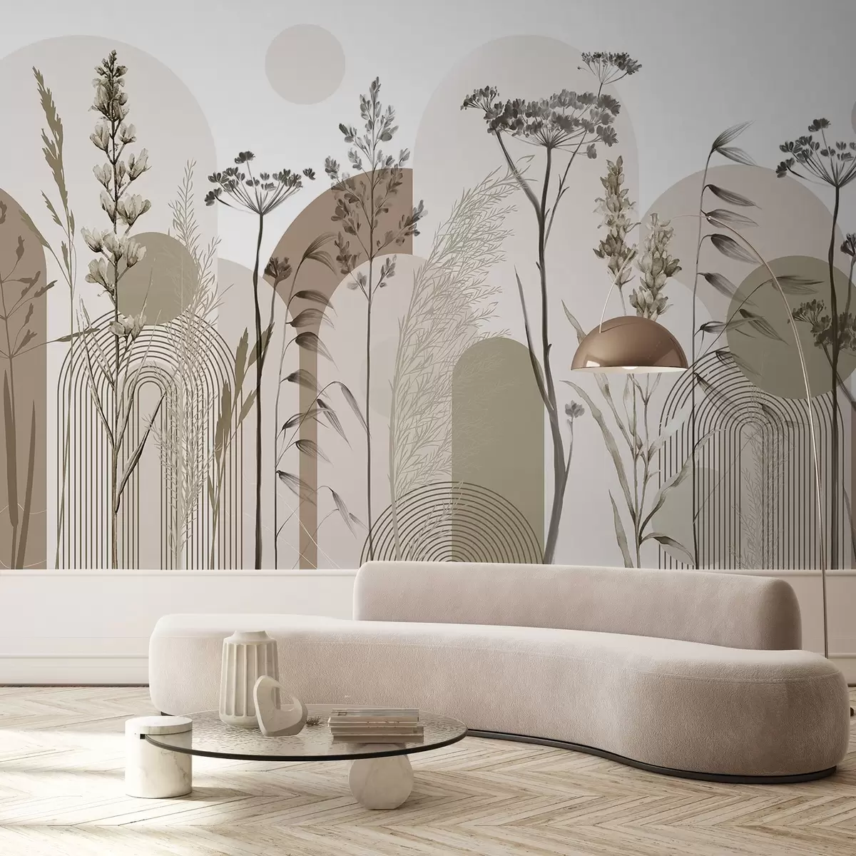 Fotobehang Een verzameling planten en bloemen in neutrale tinten op abstracte boogvormige achtergrond in zachte beige en bruine tinten w08665