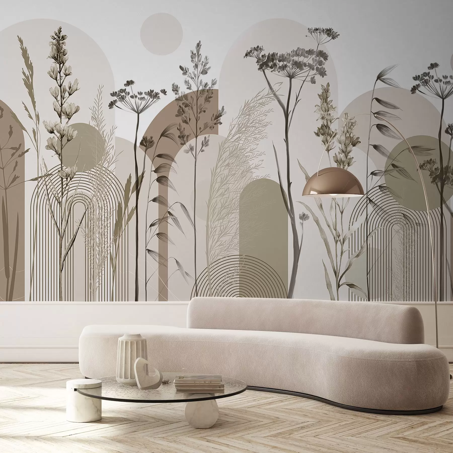 Fotobehang Een verzameling planten en bloemen in neutrale tinten op abstracte boogvormige achtergrond in zachte beige en bruine tinten w08665