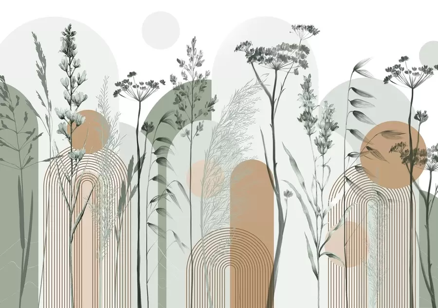 Papier peint photo Collection de plantes et de fleurs dans des tons neutres sur un fond d'arche abstrait dans des teintes vertes et orangées w08665v1