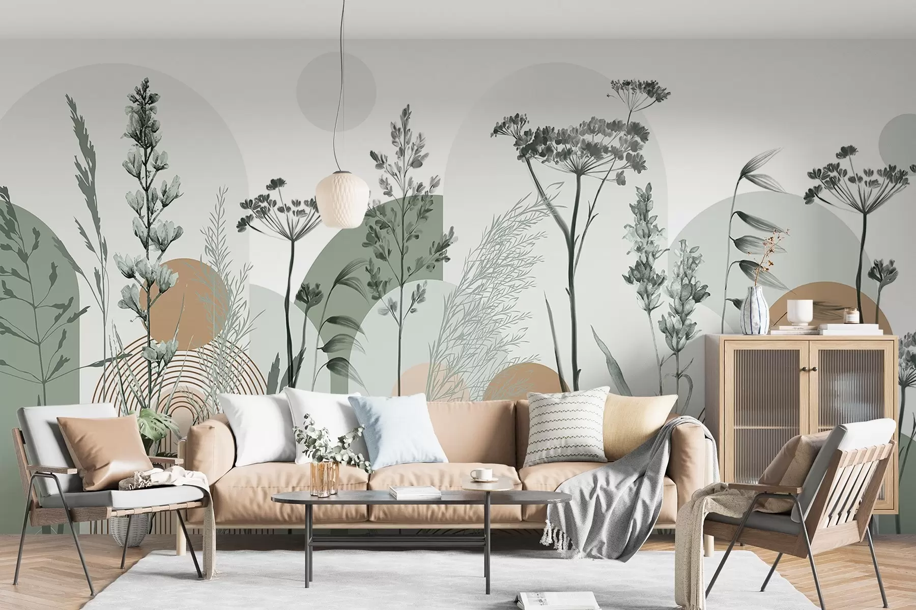 Fotobehang Een verzameling planten en bloemen in neutrale tinten op abstracte boogvormige achtergrond in zachtgroene en oranje tinten w08665v1