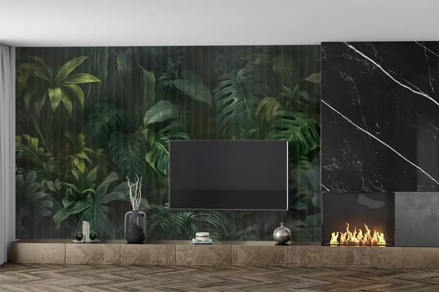 Fotobehang Tropische donkere vervaagde en gestructureerde print met verschillende groene bladeren, waaronder monstera en palmbladeren w08673