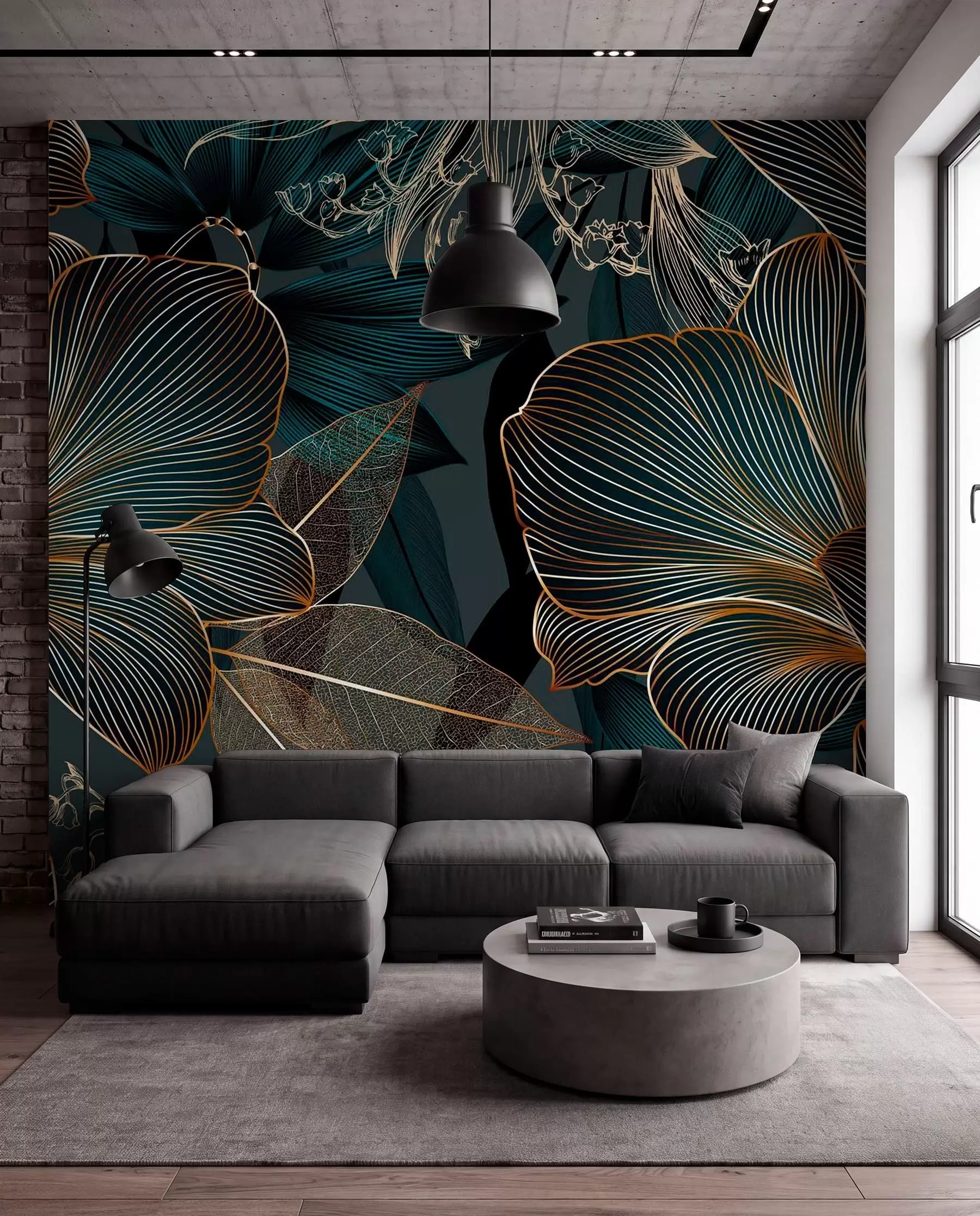 Fotobehang Gestileerde bloemen en bladeren met ingewikkeld lijnwerk in groenblauwe en gele tinten op donkere achtergrond w08675