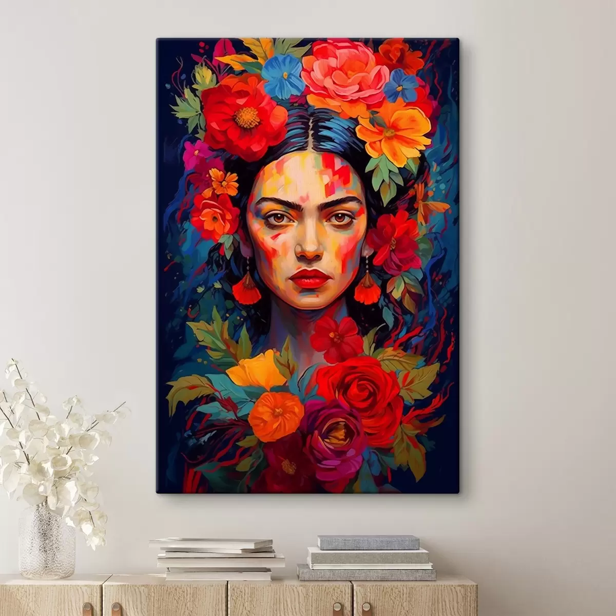  Schilderijen Vrouwenportret met bloemenframe in heldere abstracte stijl s42653