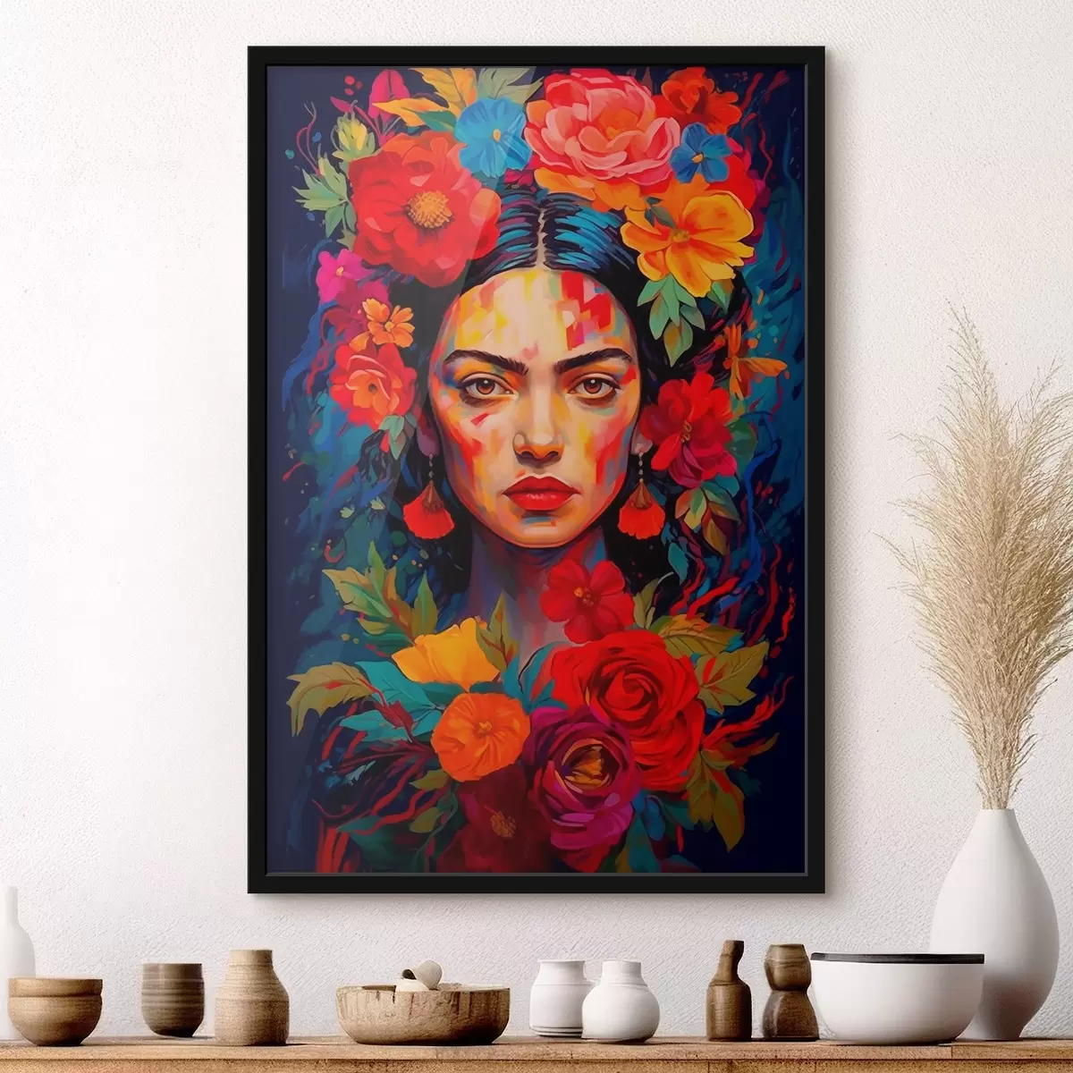 Affiche Portrait de femme avec cadre floral dans un style abstrait lumineux f42653