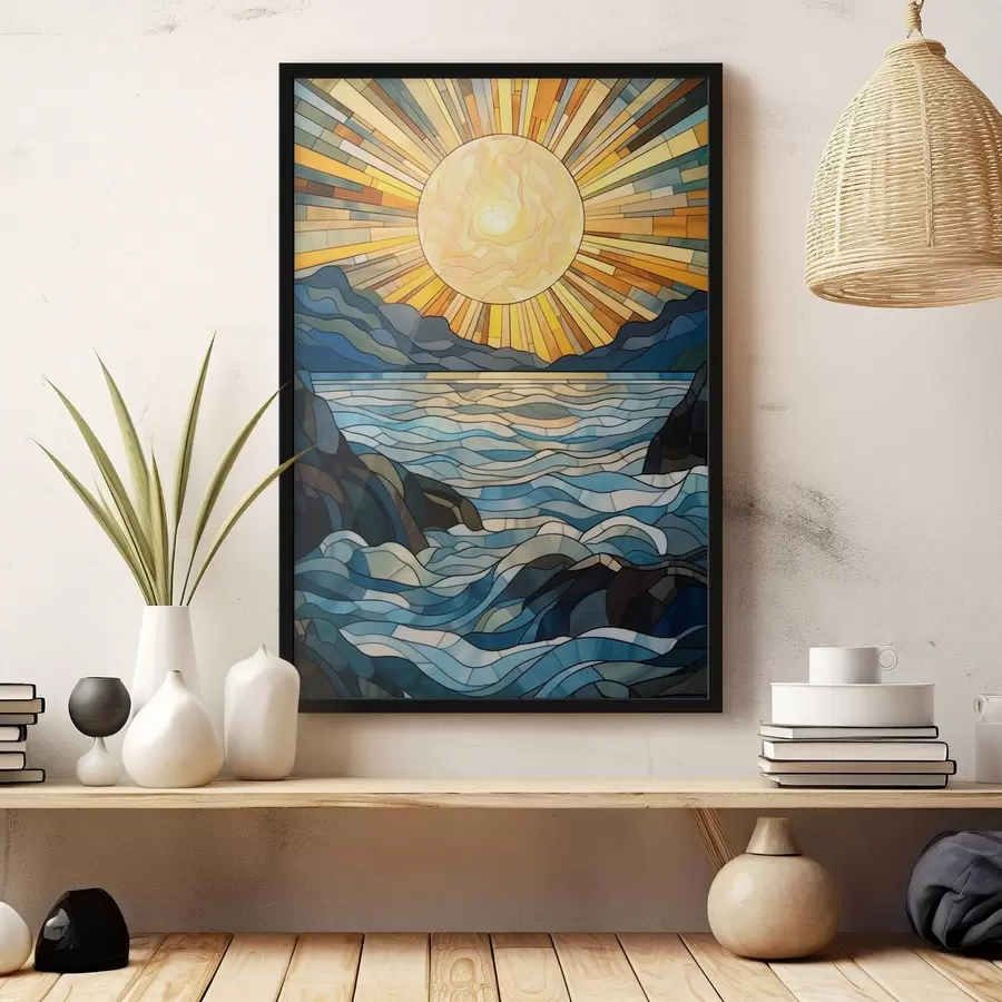 Papier peint photo Soleil et vagues dans le style de l'art du vitrail f42654