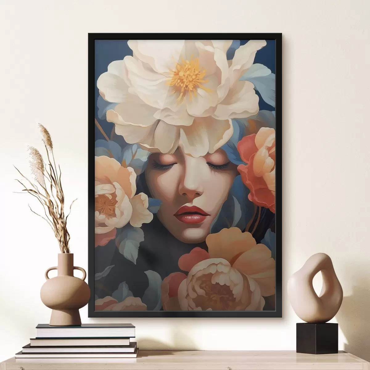 Poster Vrouwenportret met bloemen f42659