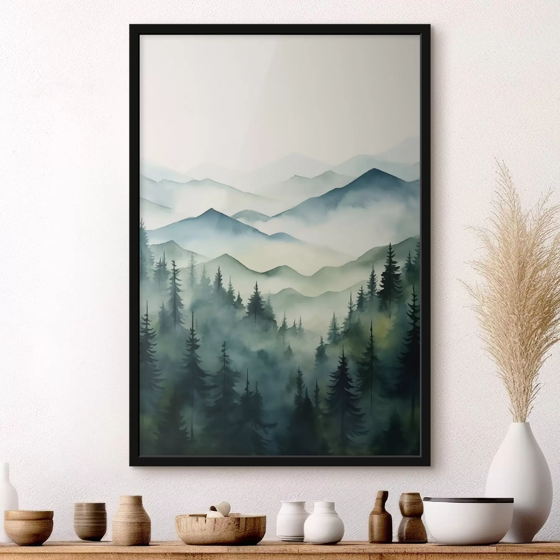  Peintures Paysage brumeux avec montagnes et forêt f42662