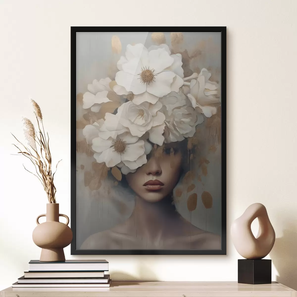 Poster Portret met witte bloemen f42664