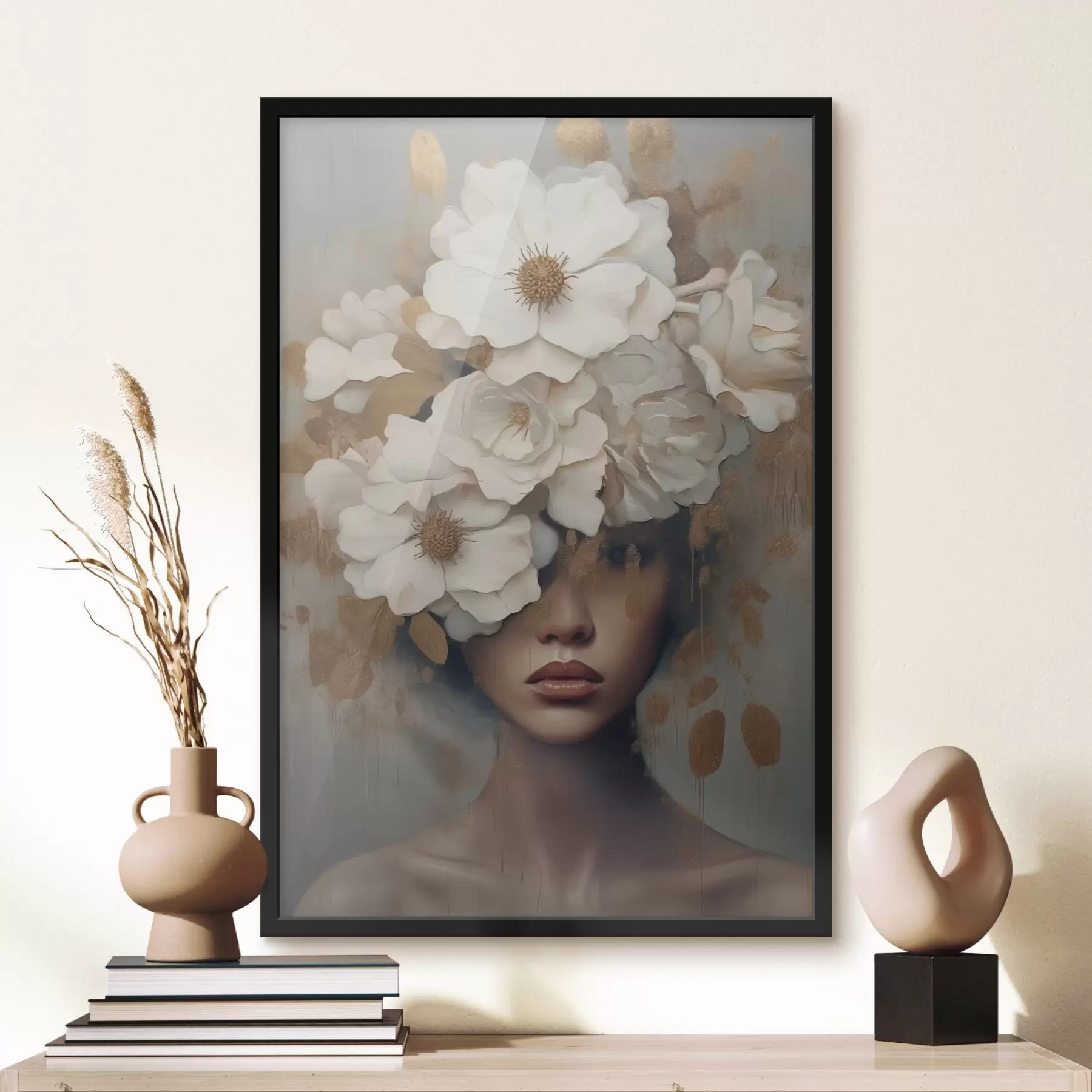Fotobehang Portret met witte bloemen f42664