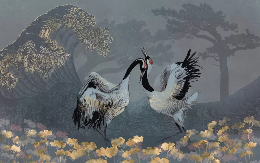 Fotobehang Kraanvogels, bomen en golven met elementen in Chinese stijl w02747
