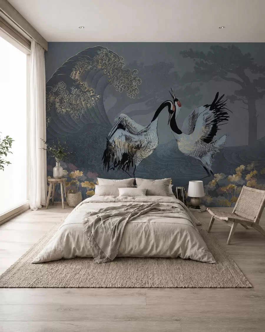 Papier peint photo Grues, arbres et vagues avec des éléments de style chinois w02747