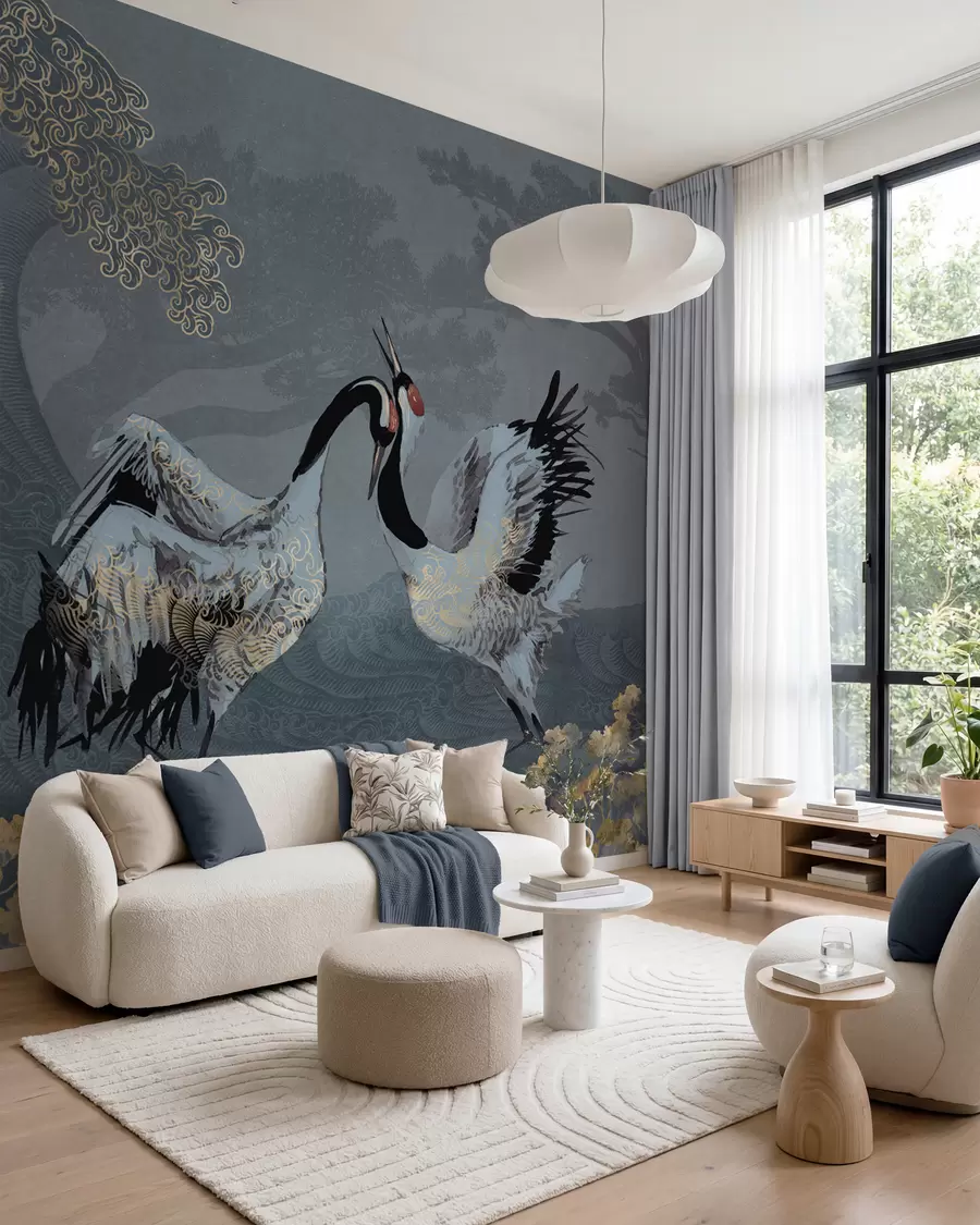 Fotobehang Kraanvogels, bomen en golven met elementen in Chinese stijl w02747