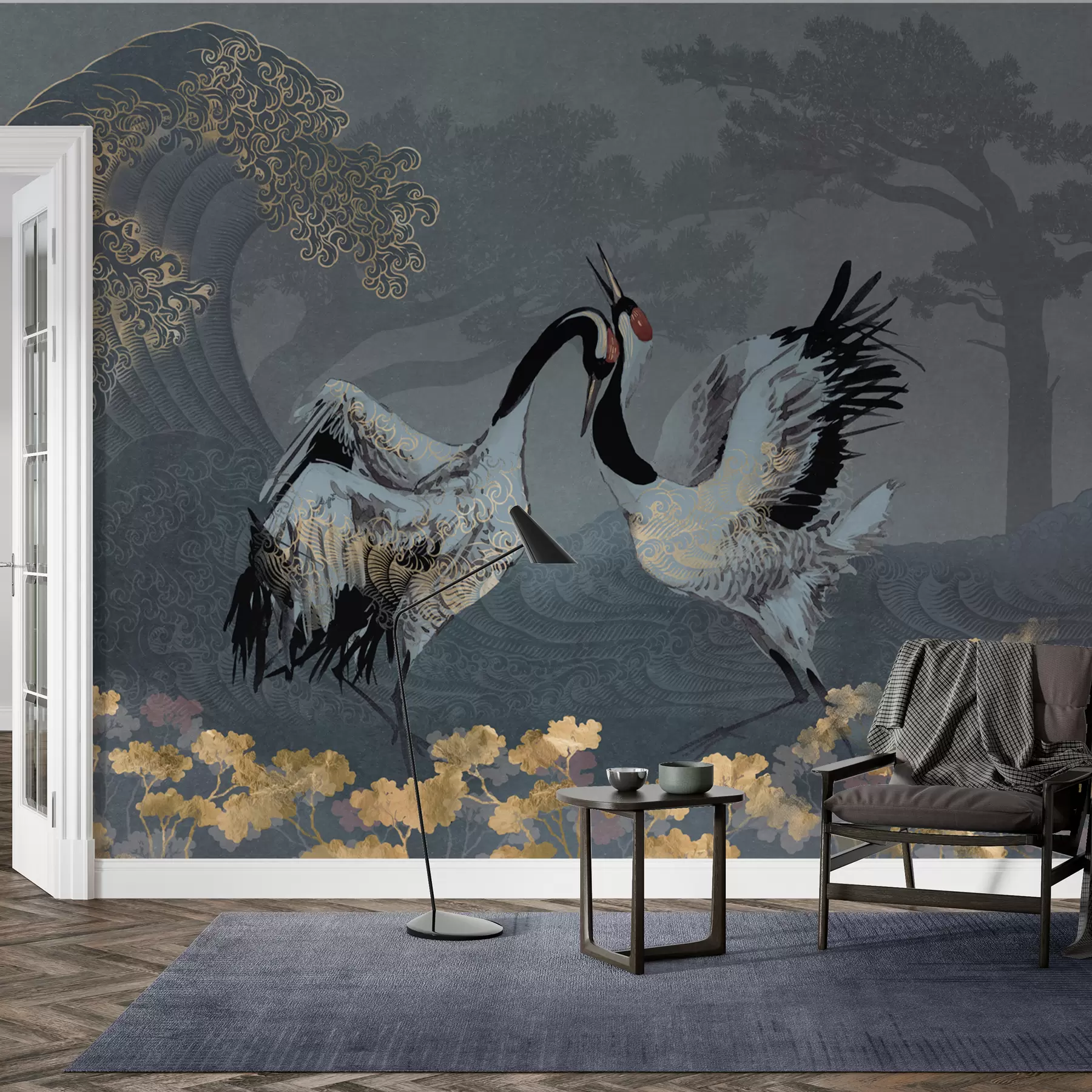 Fotobehang Kraanvogels, bomen en golven met elementen in Chinese stijl w02747