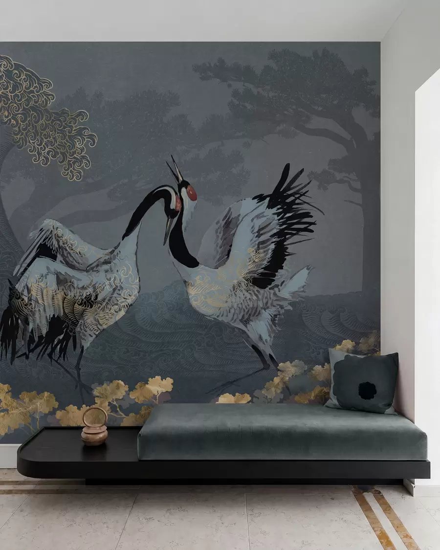 Fotobehang Kraanvogels, bomen en golven met elementen in Chinese stijl w02747