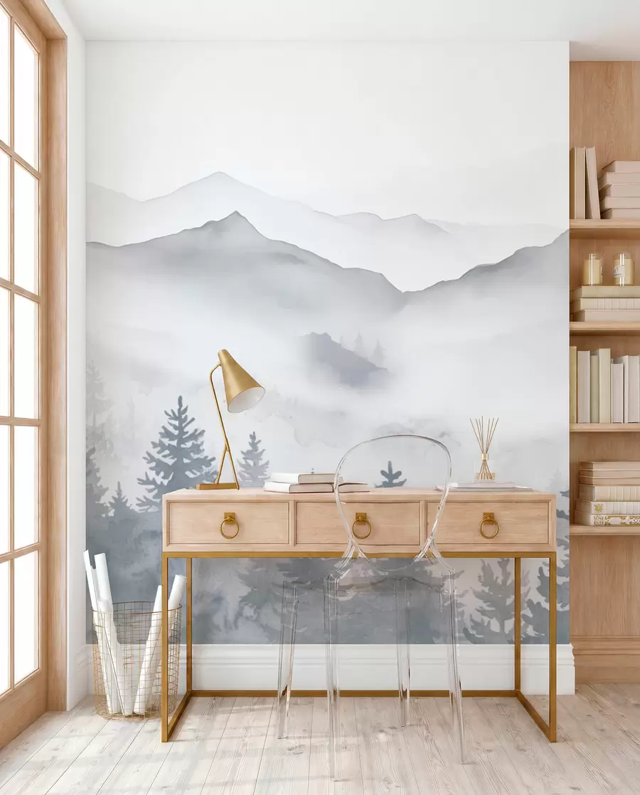Fotobehang Sereen berglandschap met mistige bossen in zachte grijze en blauwe tinten w08680