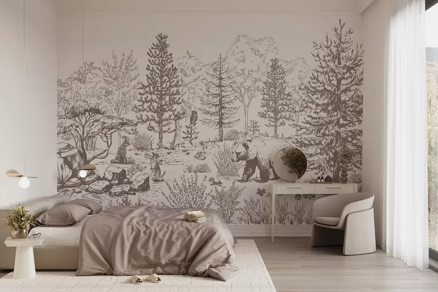 Papier peint photo Vie de la forêt, arbres, animaux sauvages, ours, renard, hibou, buissons, dessin au crayon, couleurs beiges w02929