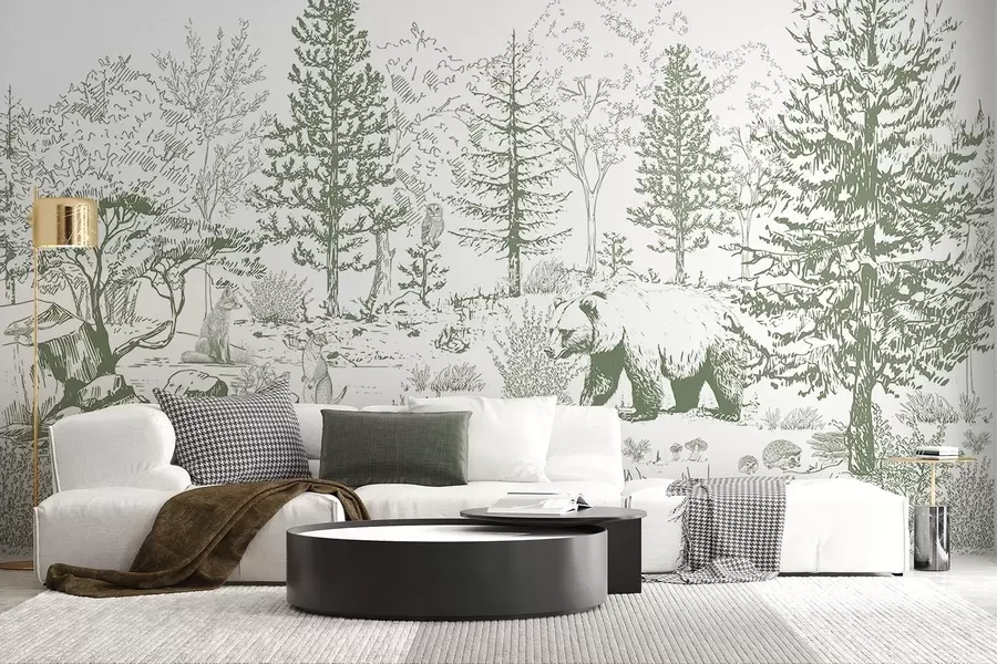 Fotobehang Bosleven, bomen, wilde dieren, beer, vos, uil, struiken, potloodtekening, groene kleuren w02929v2