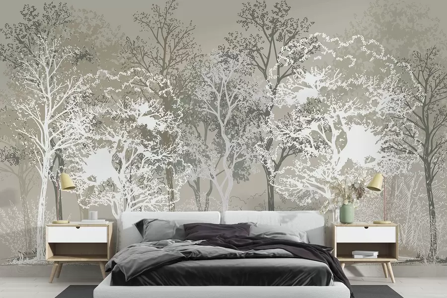 Fotobehang Bomen in het bos, minimalisme, natuur, groen kleurenpalet w02930v1