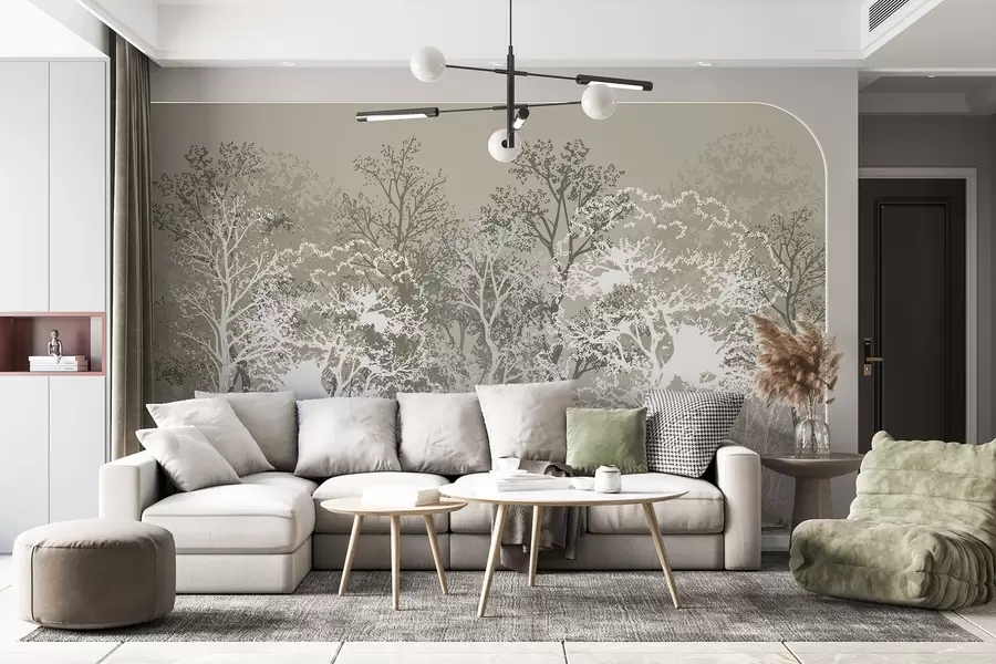 Fotobehang Bomen in het bos, minimalisme, natuur, groen kleurenpalet w02930v1