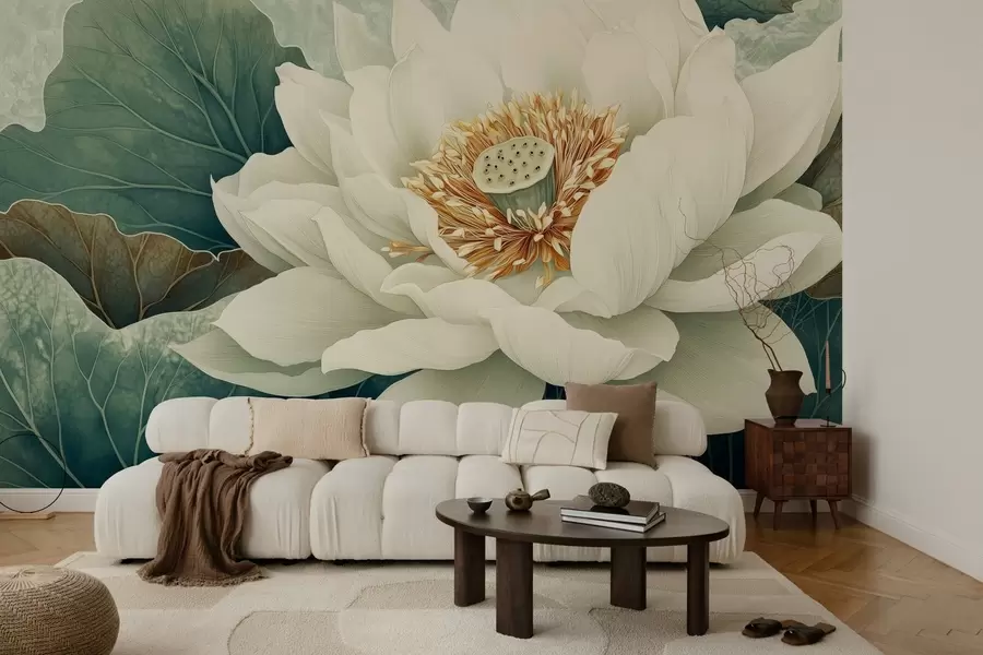 Fotobehang Grote waterlelie tegen een achtergrond van bladeren w02905