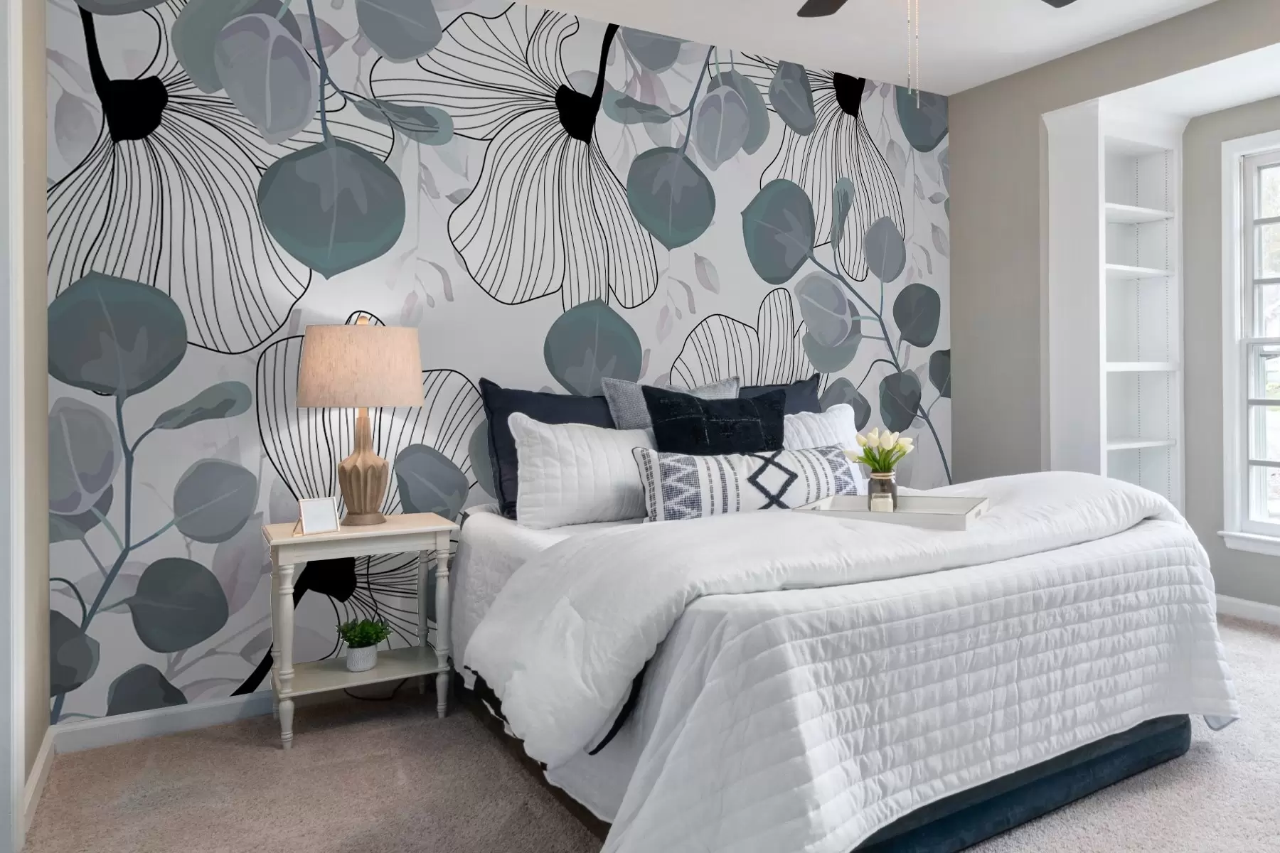 Fotobehang Arrangement van witte bloemen en blauwe bladeren w02955v1