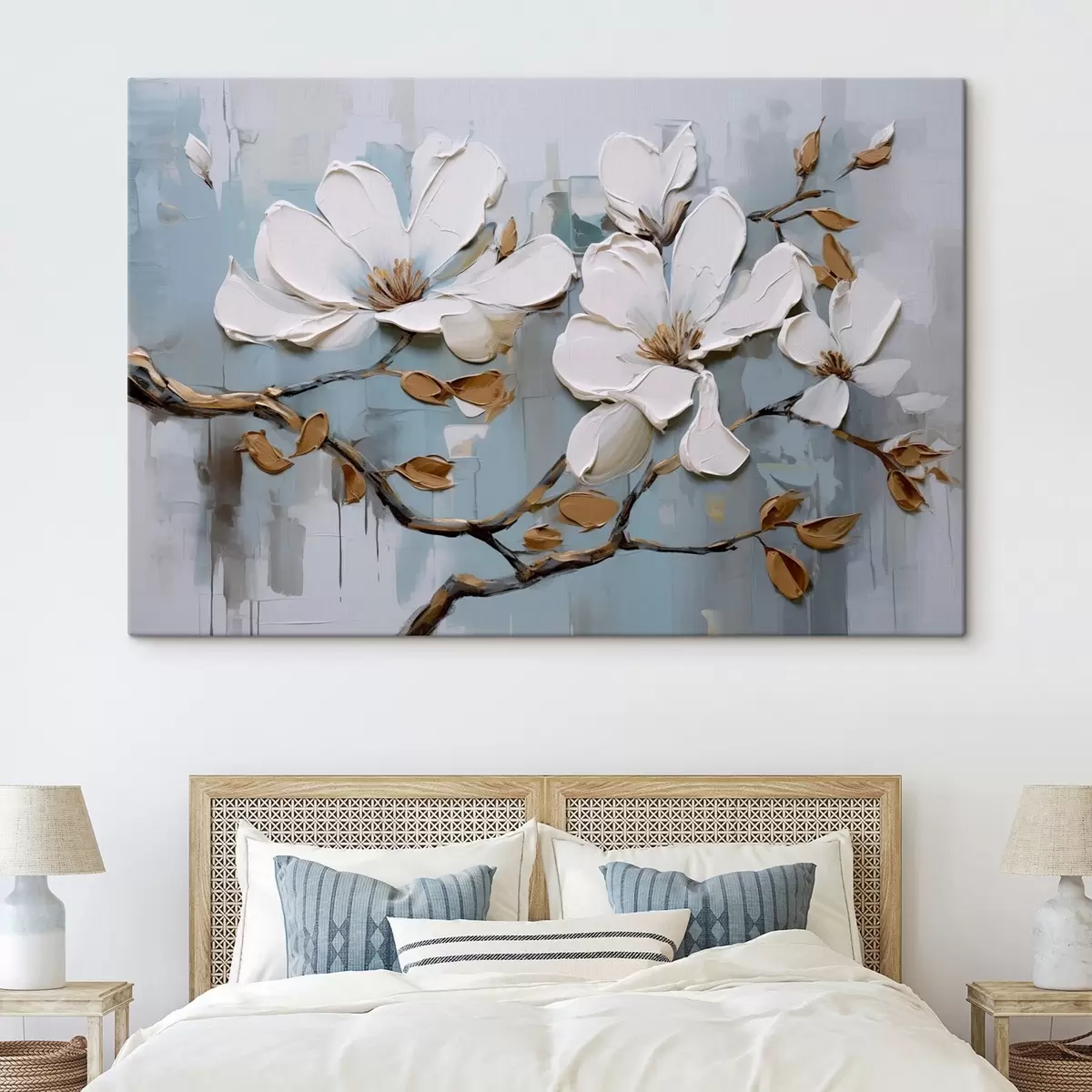  Peintures Fleurs de magnolia blanches avec pétales texturés et feuilles brunes sur fond bleu doux imitation peinture à l'huile s42711