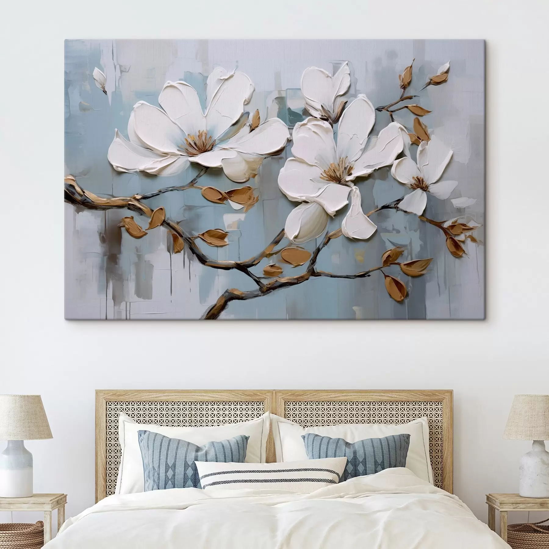  Peintures Fleurs de magnolia blanches avec pétales texturés et feuilles brunes sur fond bleu doux imitation peinture à l'huile s42711