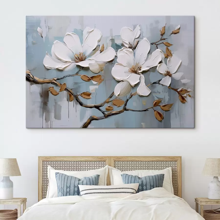  Peintures Fleurs de magnolia blanches avec pétales texturés et feuilles brunes sur fond bleu doux imitation peinture à l'huile s42711
