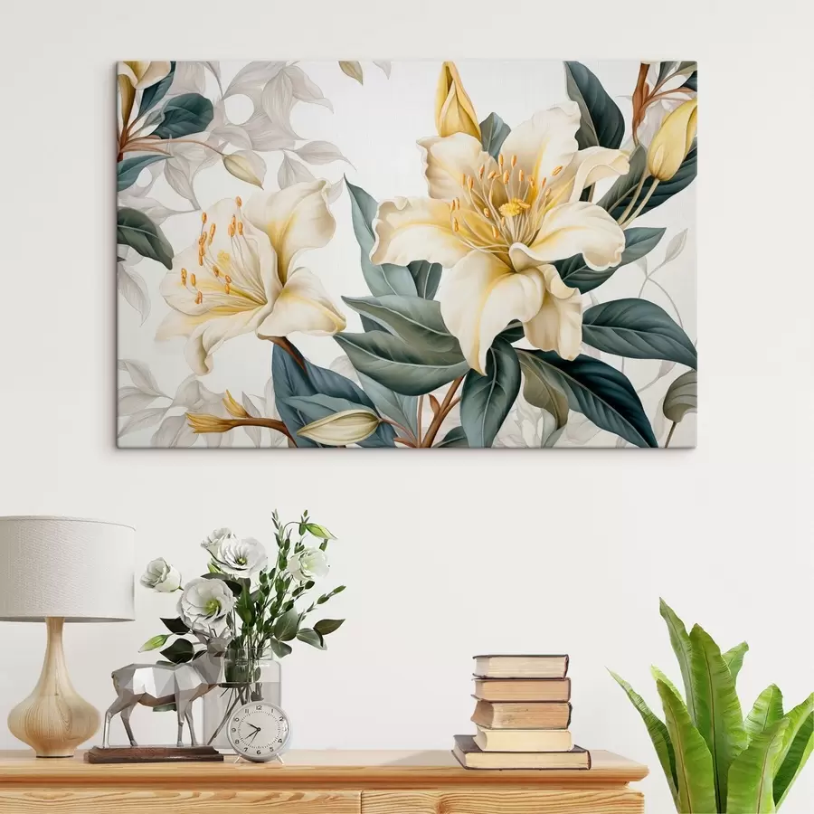  Schilderijen Botanische illustratie van witte en lichtgele bloemen met ingewikkelde bloemblaadjes, omringd door groene bladeren s42712