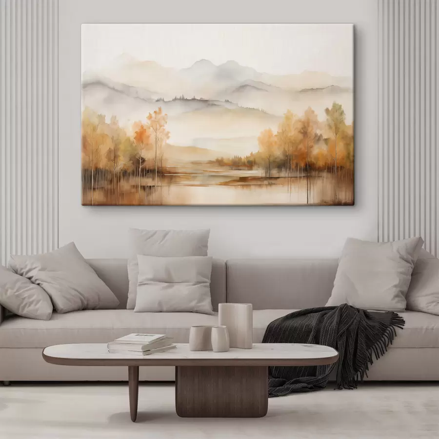  Peintures Paysage composé de montagnes douces, d'un lac calme reflétant le paysage et d'arbres au feuillage orangé s42716