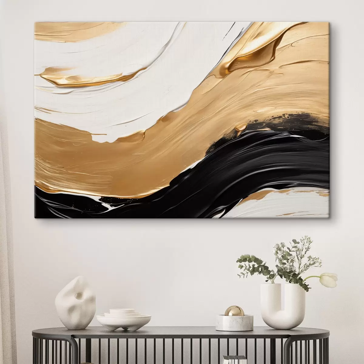  Peintures Composition abstraite présentant des touches audacieuses de peinture blanche, jaune et noire s42717