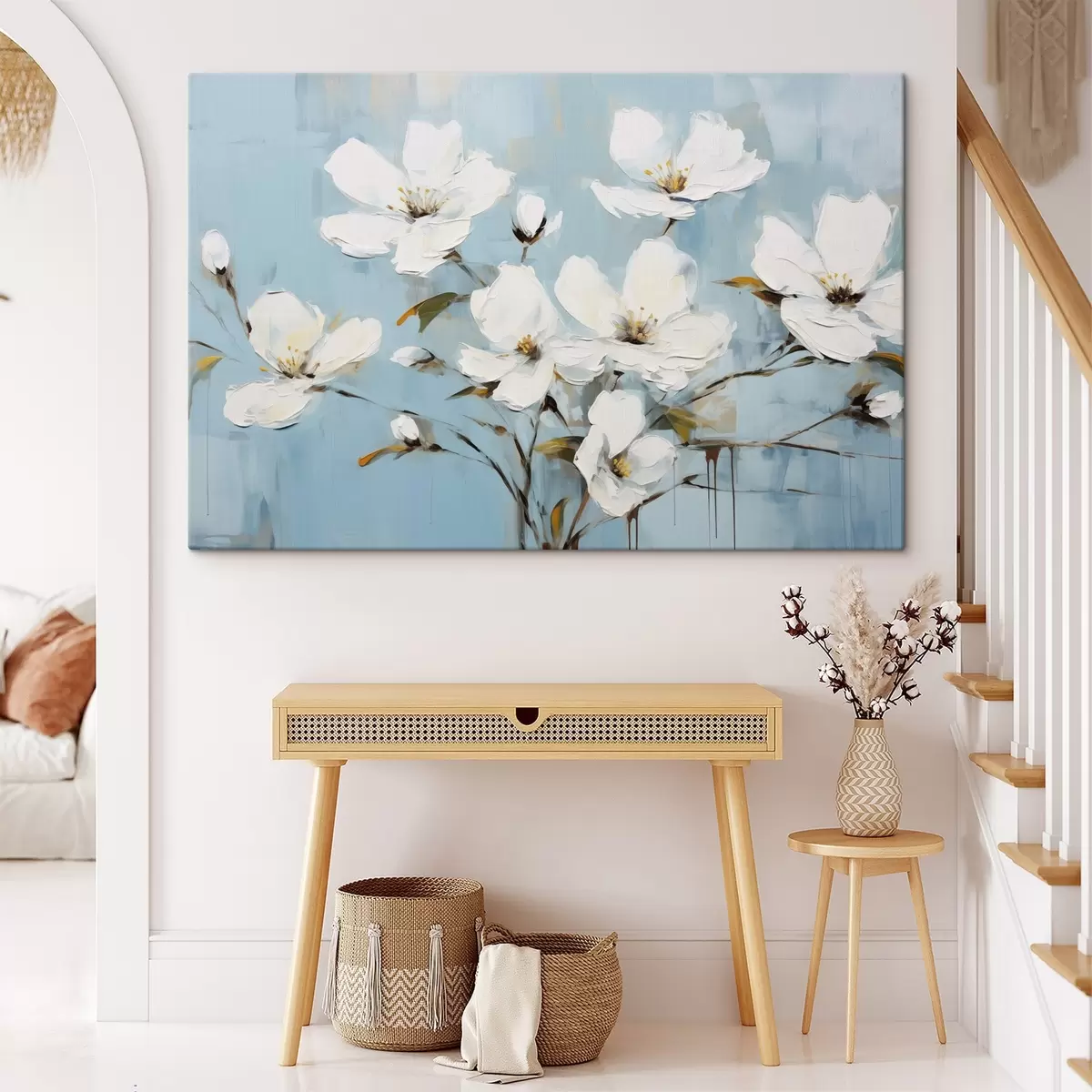  Peintures Fleurs blanches aux pétales délicats et feuilles vertes sur fond bleu clair imitation peinture à l'huile s42719