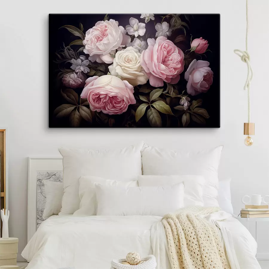  Peintures Roses roses et blanches arrangées avec des fleurs blanches délicates et des feuilles vertes sur un fond sombre s42721