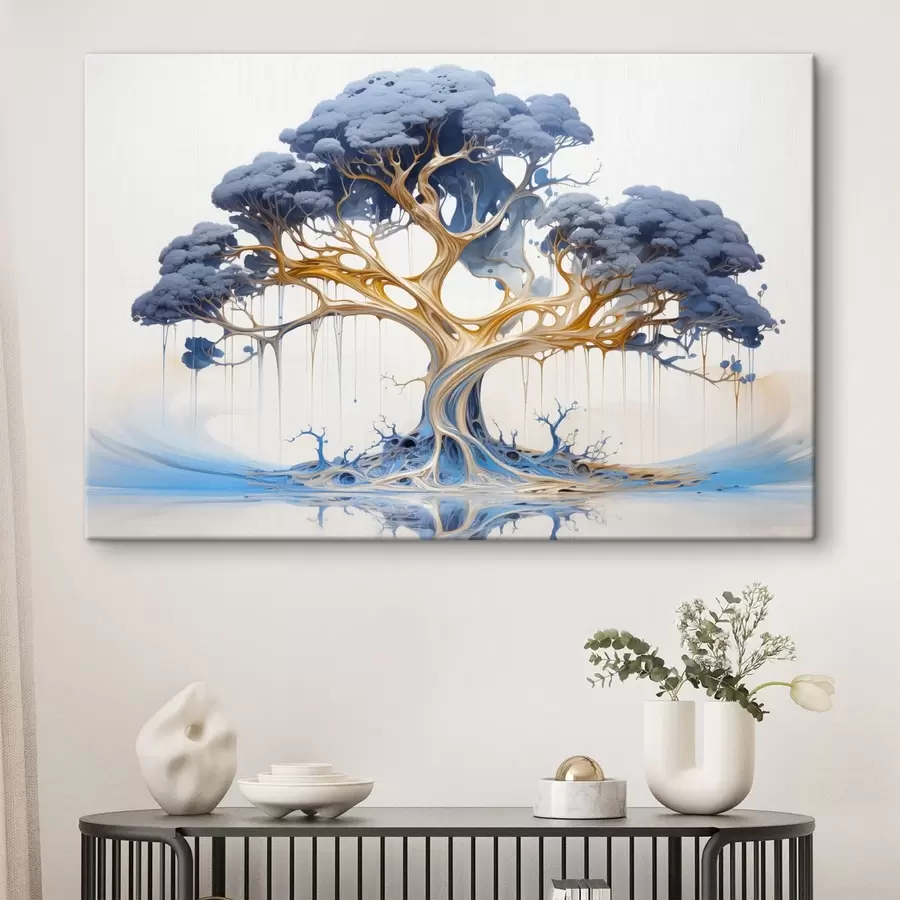  Peintures Un arbre stylisé aux branches et au feuillage complexes, avec un mélange de teintes bleues et jaunes s42722