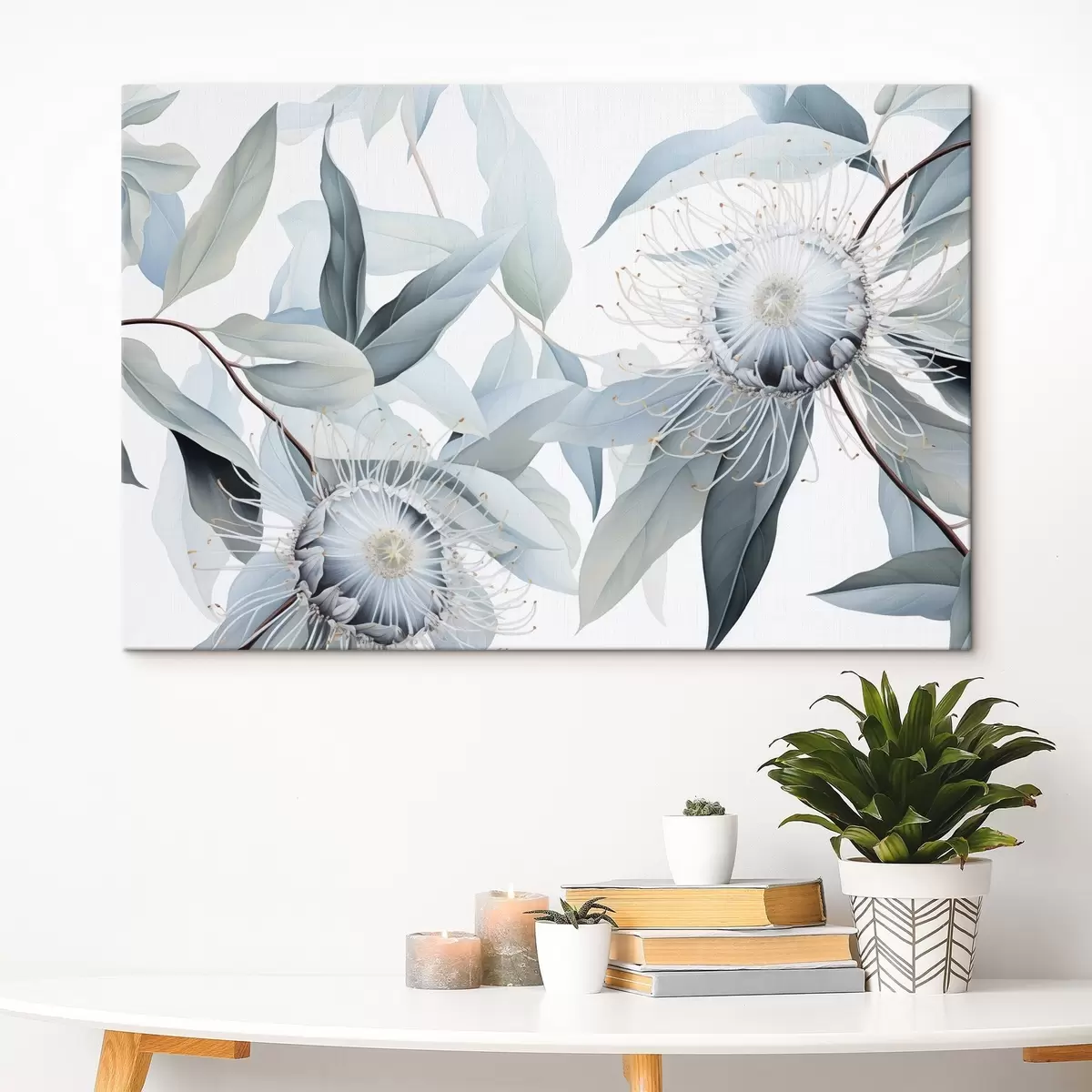  Peintures Illustration botanique détaillée de fleurs d'eucaliptus aux filaments blancs, entourées de feuilles vertes douces et légères s42725