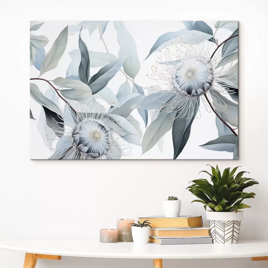  Peintures Illustration botanique détaillée de fleurs d'eucaliptus aux filaments blancs, entourées de feuilles vertes douces et légères s42725