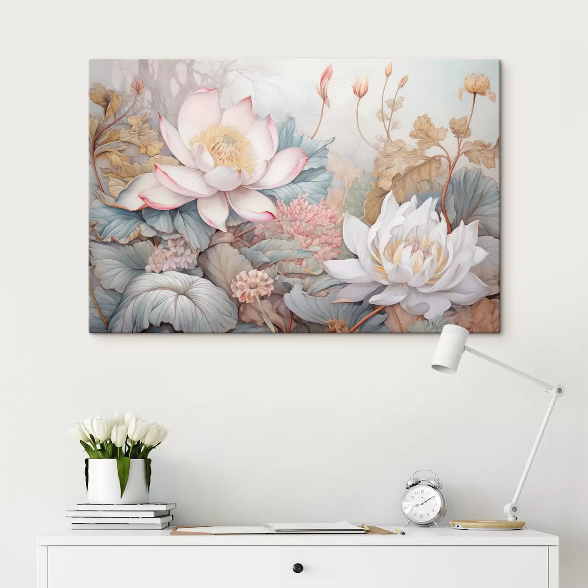  Peintures Grandes fleurs de lotus épanouies dans des tons doux de rose et de blanc, entourées de feuilles vertes et d'un délicat feuillage rose s42729