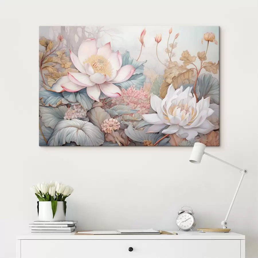  Peintures Grandes fleurs de lotus épanouies dans des tons doux de rose et de blanc, entourées de feuilles vertes et d'un délicat feuillage rose s42729