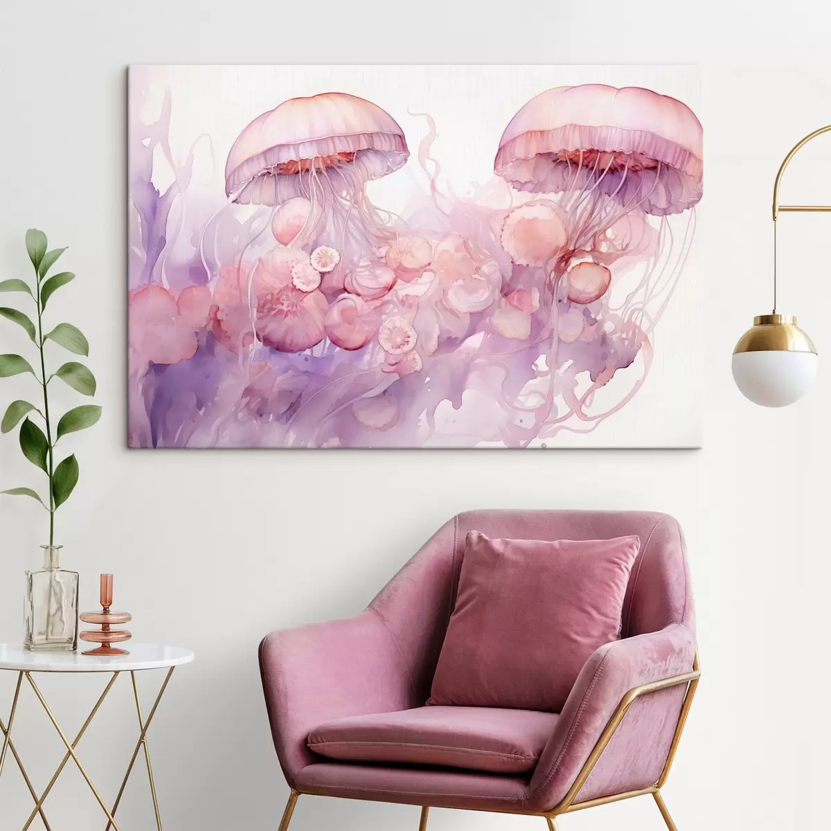  Peintures Méduse rose flottant au milieu d'un tourbillon de teintes roses et violettes, entourée de formes abstraites s42730