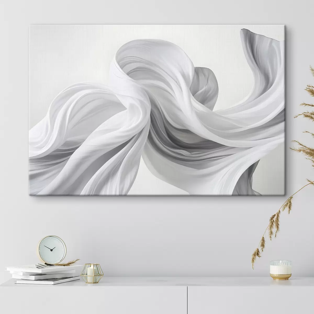  Peintures Formes fluides blanches et grises ressemblant à des tissus, tourbillonnant et s'entrelaçant sur un fond clair s42732