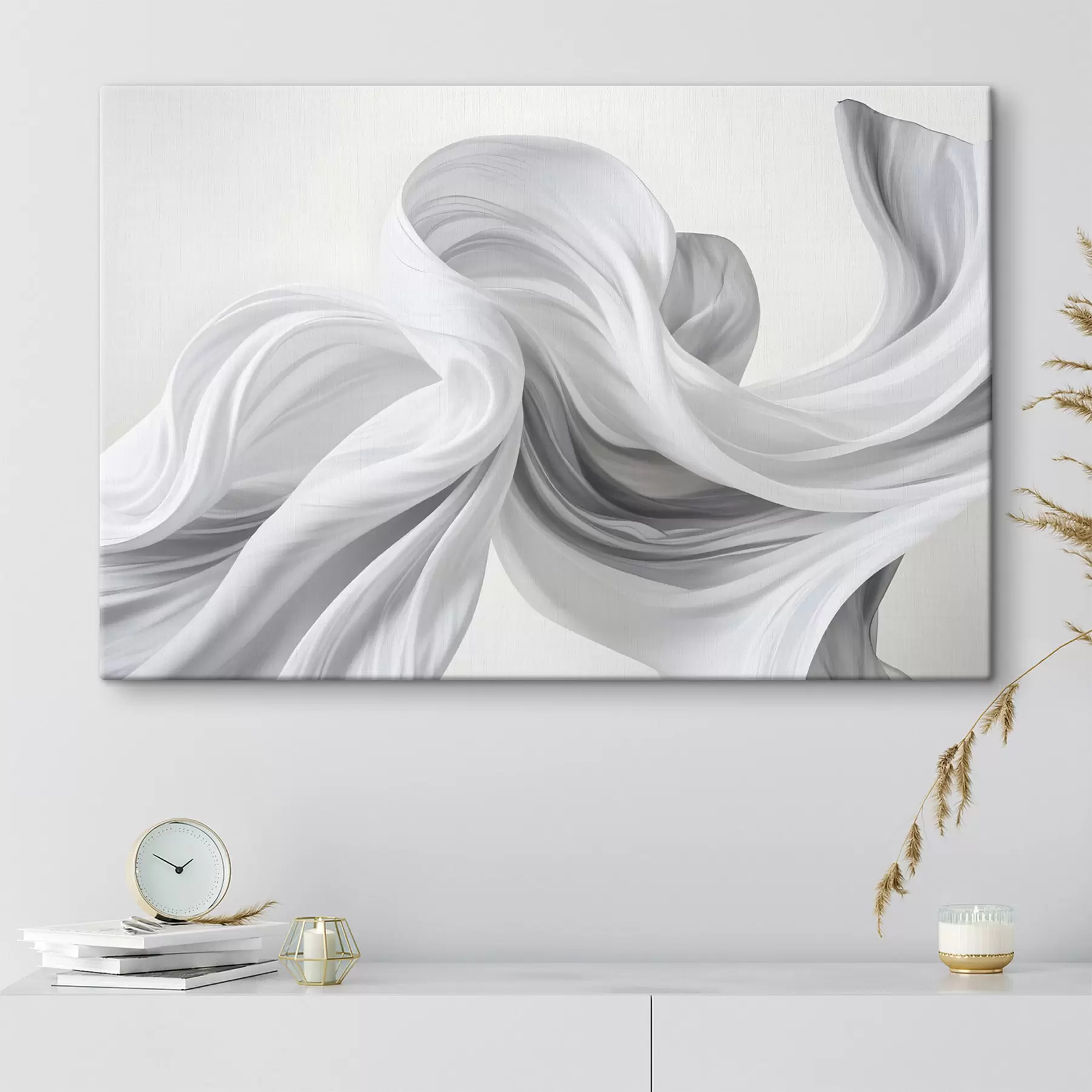 Fotobehang Vloeiende witte en grijze stofachtige vormen die wervelen en verstrengelen tegen een lichte achtergrond s42732