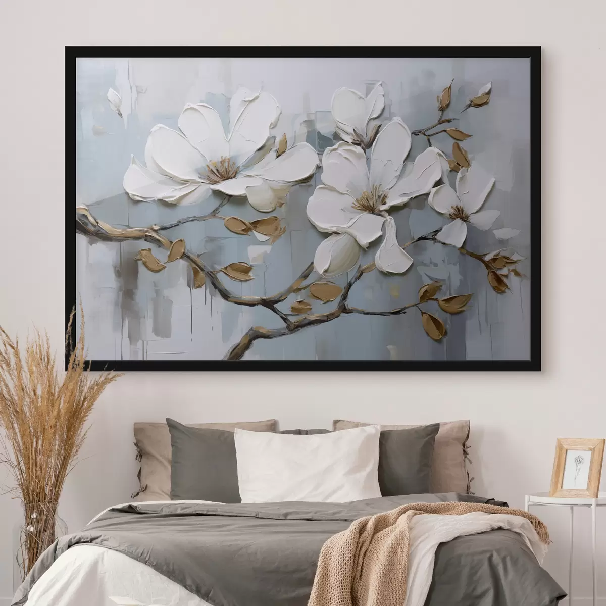 Poster Witte magnolia bloemen met getextureerde bloemblaadjes en bruine bladeren op een zachtblauwe achtergrond olieverfschilderij imitatie f42711